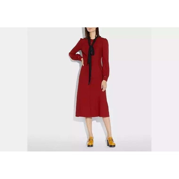 Coach Dresses & Skirts - Coach 1941 Red Silk Bow Neck Long Sleeve Midi Dress Size 8 Vintage Style Runway